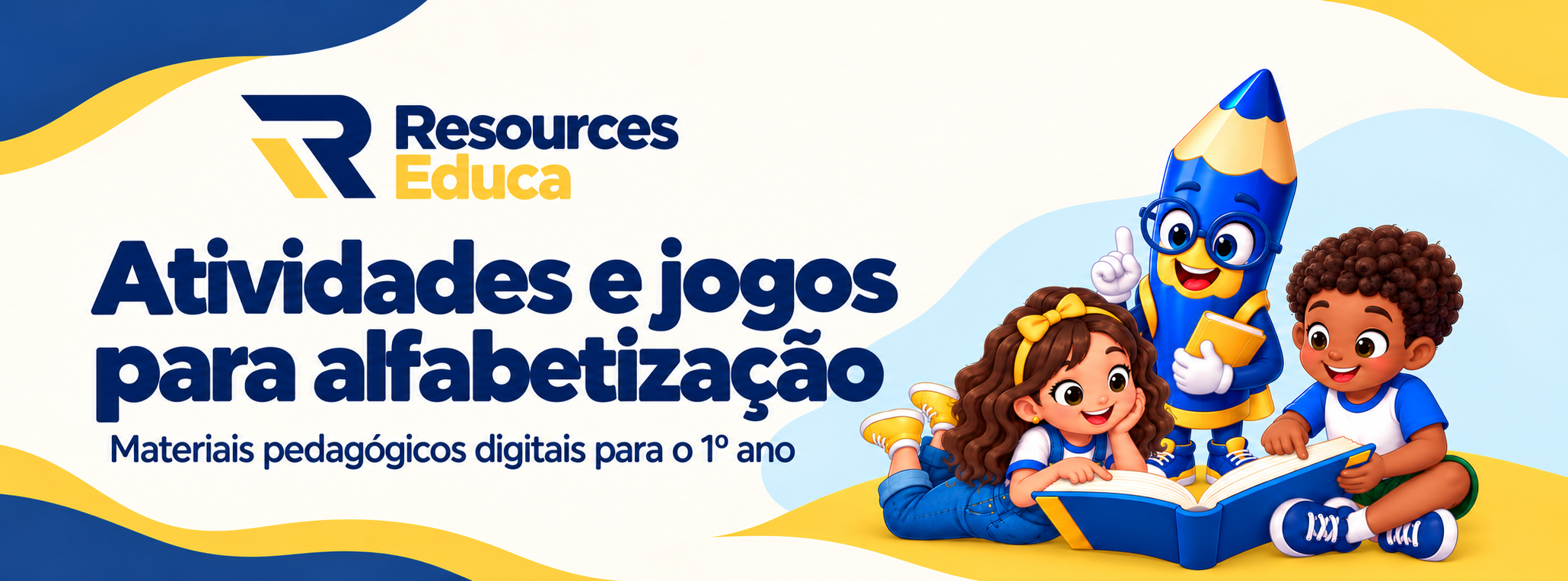 Mascote lápis azul e personagens oficiais da RESOURCES EDUCA explorando um livro